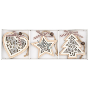 Decoration wooden hanging white-gray-natural 7.5 cm 3 pieces, in a box