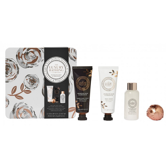Grace Cole Rose & Geranium body cream 50 ml + hand cream 50 ml + bath foam 50 ml + sparkling ball 25 g + tin box, cosmetic set for women