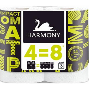 Harmony Compact 3-ply toilet paper 4=8, 4 rolls, 34 m roll