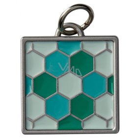 Yankee Candle Charming Scents metal pendant in the shape of a turquoise mosaic with silver edging on a car tag Mosaic