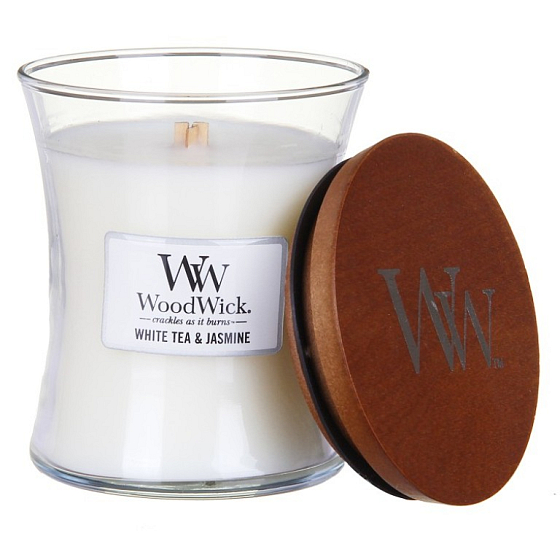 WoodWick White Tea & Jasmine - White tea and Jasmine scented candle with wooden wick and lid glass medium 275 g