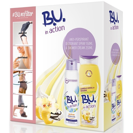 BU In Action Active Release antiperspirant deodorant spray for women 150 ml + In Action Lemon & Vanilla Mousse 250 ml shower gel, cosmetic set