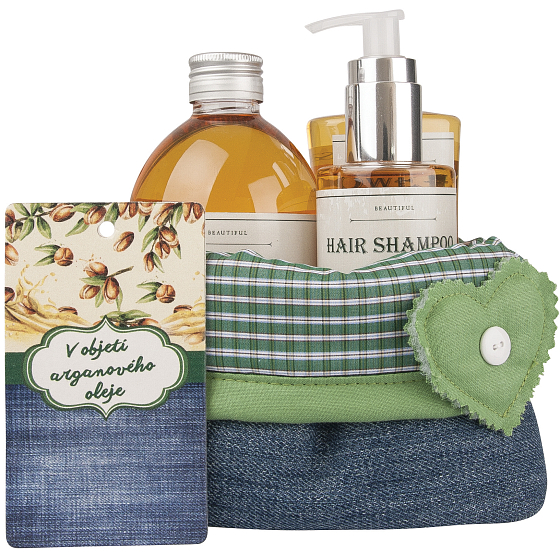 Bohemia Gifts Argan oil In the embrace of argan oil shower gel 250 ml + hair shampoo 250 ml + bath foam 500 ml + cloth basket, cosmetic set