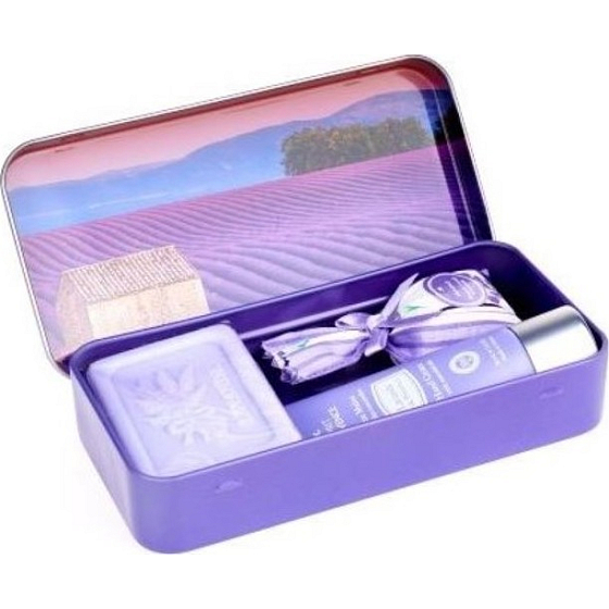 Esprit Provence Lavender toilet soap 60 g + scented bag + hand cream 30 ml + tin box with a picture of the sunset, cosmetic set for women
