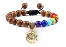 Chakra bracelet Tree of Life + Wood, healing, hand knitted, adjustable size, ball 8 mm