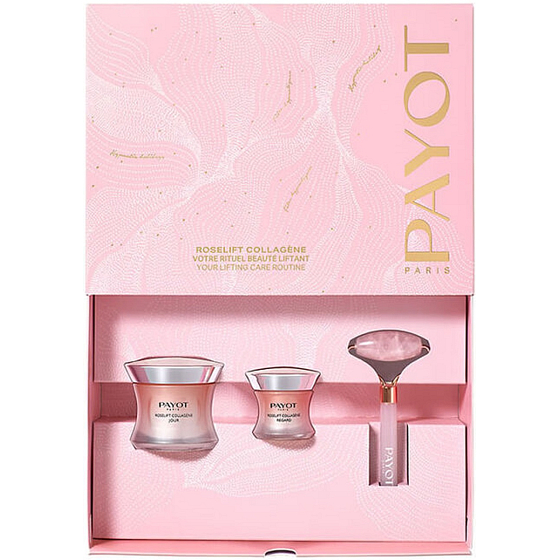 Payot Roselift Collagene Jour day lifting cream 50 ml + Roselift Collagene Regard eye cream against wrinkles, bags and dark circles 15 ml + massage roller for face, cosmetic set for women