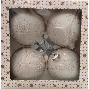 Glass baubles with glittery white-grey trees 8 cm 4 pieces