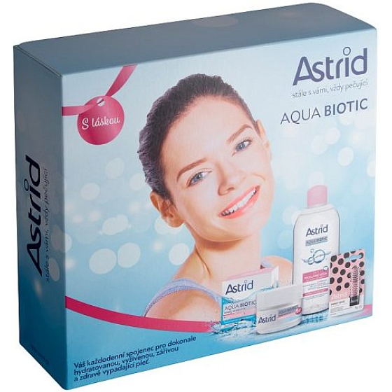 Astrid Aqua Biotic Day and Night Cream for Dry and Sensitive Skin 50 ml + 3in1 Micellar Water 400 ml + Trendy Edition Pearly Shine Tinted Lip Balm 4.8 g, Cosmetic Set