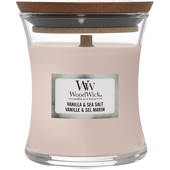 WoodWick Vanilla & Sea Salt - Vanilla and sea salt scented candle with wooden wick and lid glass small 85 g