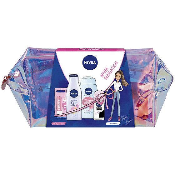 Nivea Pink Sensation Rose & Argan Oil Body Lotion for Women 200 ml + Hibiscus & Sage Shower Gel 250 ml + Black & White Clear Ball Antiperspirant 50 ml + Labello Pearly Shine Lip Balm 4.8 g + Bag, Cosmetic Set