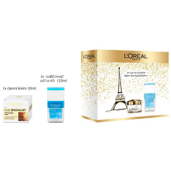 Loreal Paris Age Specialist 65+ day anti-wrinkle cream 50 ml + two-phase make-up remover for eyes and lips 125 ml, cosmetic set