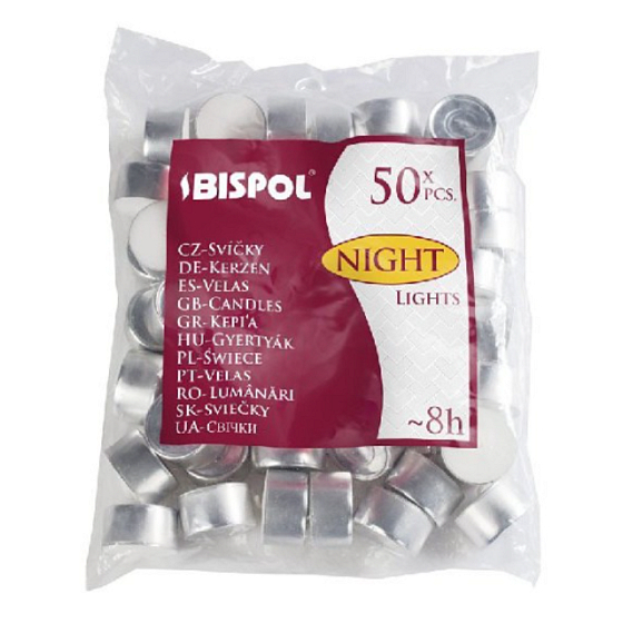 Bispol Tea lights white, burning time 8 hours 50 pieces in bag