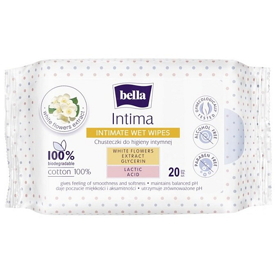 Bella Intima Extract from white flowers cotton wet wipes for intimate hygiene 20 pieces