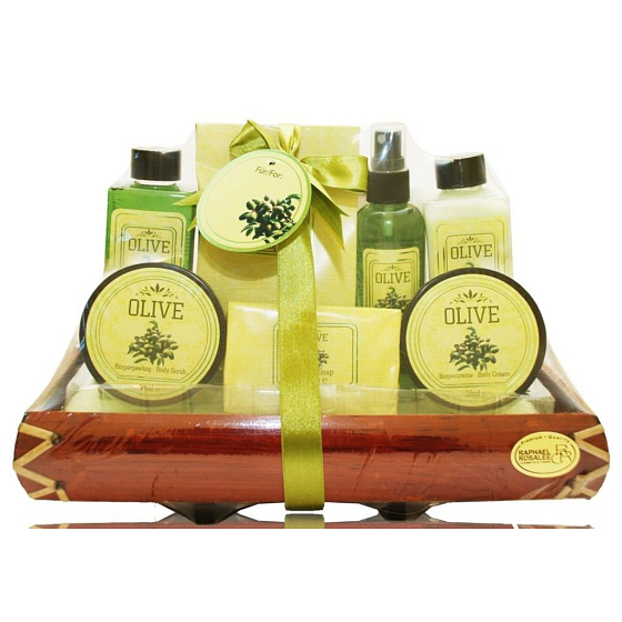 Raphael Rosalee Cosmetics Oliva shower gel 190 ml + body lotion 190 ml + body spray 100 ml + body scrub 50 ml + body cream 50 ml + bath salt 200 g + toilet soap 100 g, cosmetic set
