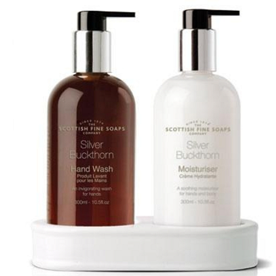 Scottish Fine Soaps Silver Sea buckthorn liquid soap dispenser 300 ml + hand milk dispenser 300 ml, duo set