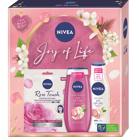 Nivea Joy of Life Rose Touch textile face mask 1 piece + Joy of Life shower gel 250 ml + Joy of Life body lotion 250 ml, cosmetic set for women
