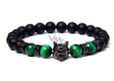 Lava black + Tiger eye green + Wolf head bracelet elastic natural stone, ball 8 mm / 21 cm