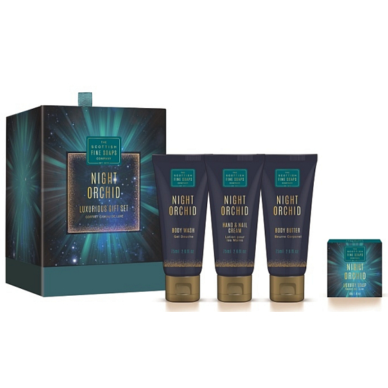 Scottish Fine Soaps Night Orchid Body Butter 75 ml + hand and nail cream 75 ml + cleansing gel 75 ml + gentle soap 40 g, luxury cosmetic set