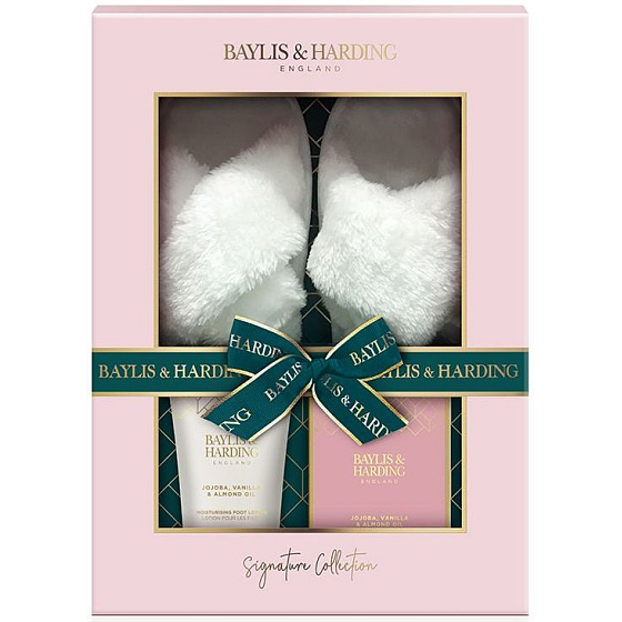 Baylis & Harding Jojoba, Vanilla & Almond Oil Bath Salts 100 g + Foot Lotion 140 ml + Slippers, Cosmetic Set for Women