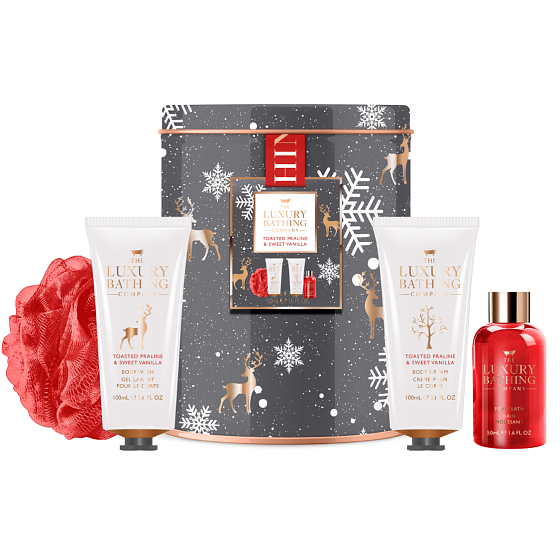 Grace Cole Toasted Praline & Sweet Vanilla Shower Gel 100 ml + Body Cream 100 ml + Bath Sponge + Bath Foam 50 ml + Tin Box, Cosmetic Set for Women