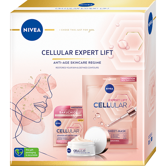 Nivea Cellular Expert Life remodelling day cream with hyaluronic acid 50 ml + textile face mask with hyaluronic acid 1 piece, cosmetic set for women
