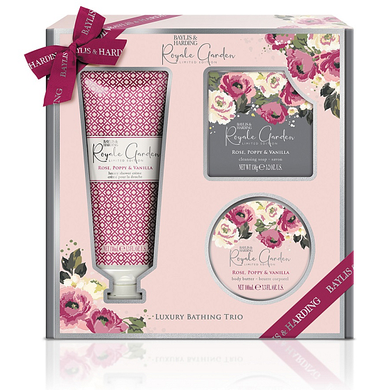Baylis & Harding Rose, Poppy and Vanilla shower cream 130 ml + body butter 100 ml + toilet soap 150 g, cosmetic set for women