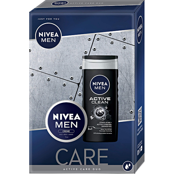Nivea Men Care Active Clean shower gel 250 ml + Men cream 75 ml, cosmetic set for men