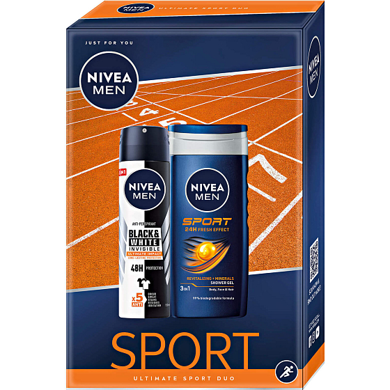 Nivea Men Sport shower gel 250 ml + Black & White Ultimate Impact antiperspirant spray 150 ml, cosmetic set for men