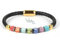 Chakra bracelet natural stone cube, genuine dark brown leather 20 cm with golden handle