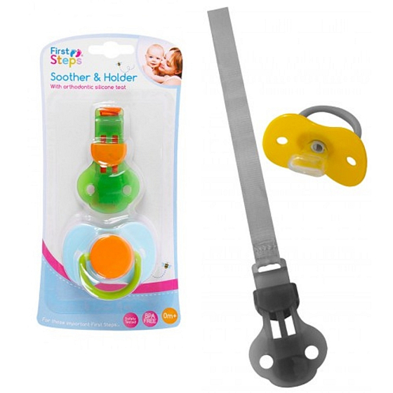 First Steps Bpa Free Soother with orthodontic silicone teat and fastening strip green-orange 2 pieces