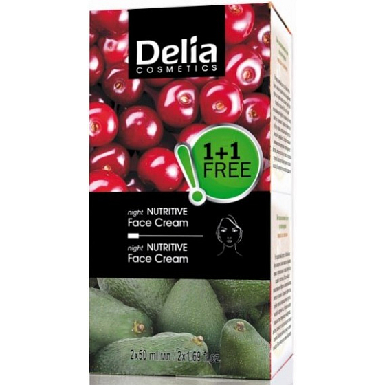 Delia Cosmetics Fruit Fantasy Avocado Nourishing Night Cream for Dry and Normal Skin 50 ml + Sour Cherry Nourishing Night Cream for Oily and Combination Skin 50 ml, duopack