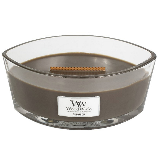 WoodWick Oudwood - Resin scented candle with wooden wide wick and lid glass boat 453 g