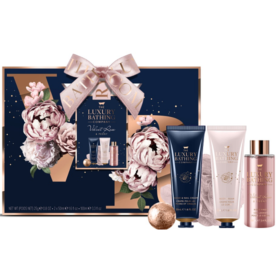 Grace Cole Velvet Rose & Peony hand and nail cream 50 ml + body cream 50 ml + washing gel 100 ml + sparkling bath ball 50 g + washing sponge, cosmetic set for women