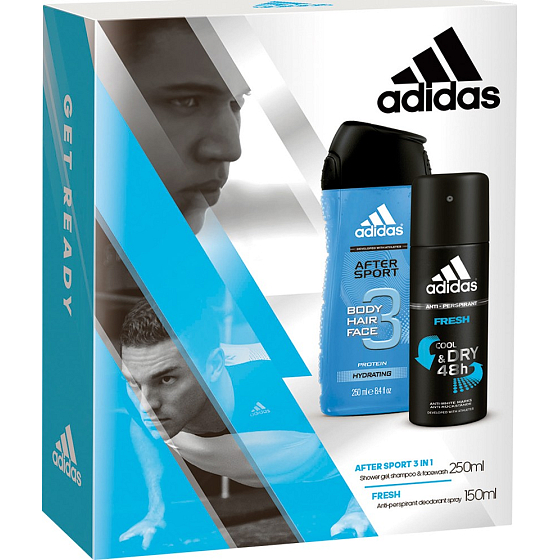 Adidas After Sport Fresh 3 in 1 shower gel for men 250 ml + Fresh antiperspirant deodorant spray 150 ml, cosmetic set