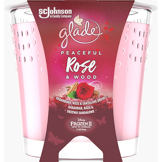 Glade Peaceful Rose & Wood with the scent of rhubarb, rose and sandalwood scented candle in glass, burning time up to 32 hours 129 g