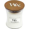 WoodWick White Teak - White teak scented candle with wooden wick and glass lid small 85 g