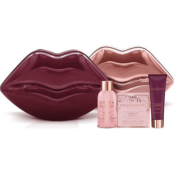 Baylis & Harding Cranberry Martini toilet soap 40 g + shower cream 30 ml + lip gloss + tin can in burgundy / copper color, cosmetic set