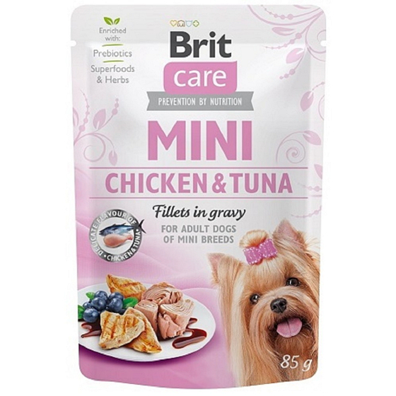 Brit Care Mini Chicken & Tuna Fillets In Gravy complete super premium food for adult mini breed dogs pouch 85 g