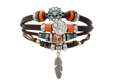 Leather multi-layer bracelet, feather + moon/sun symbol, adjustable size