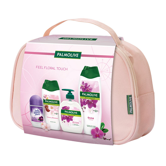 Palmolive Natural Milk & Orchid shower gel 250 ml + liquid soap 300 ml + Cherry Blossom shower gel 250 ml + Lady Speed Stick Fresh & Essence Luxurious Freshness antiperspirant roll-on 50 ml + case, cosmetic set