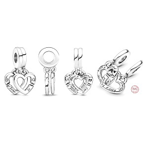 Charm Sterling Silver 925 United Sister Hearts, 2-in-1 Split Pendant for Family Bracelet