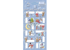 Arch Christmas labels stickers for gifts teddy bear with hat, light blue sheet 12 labels