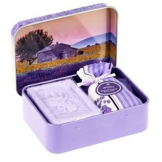 Esprit Provence Lavender toilet soap 60 g + lavender scented bag + tin box with a picture of a sunflower, cosmetic set