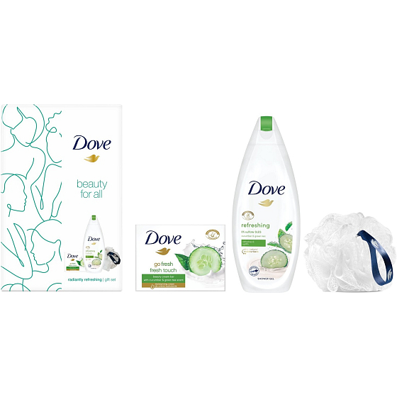 Dove Beauty For All Fresh Refreshing shower gel 250 ml + Go Fresh toilet soap 100 g + washing sponge, cosmetic set for women