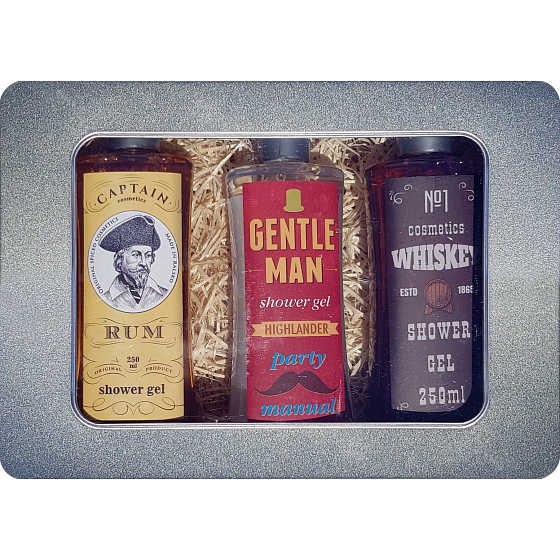 Bohemia Gifts Gentleman shower gel for men 250 ml + Whiskey shower gel for men 250 ml + Rum shower gel for men 250 ml, tin box cosmetic set