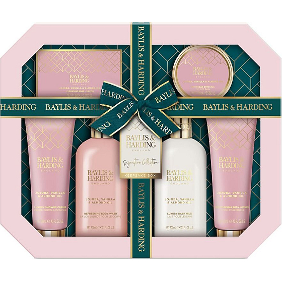 Baylis & Harding Jojoba, Vanilla & Almond oil cleansing gel 300 ml + bath milk 300 ml + toilet soap 150 g + shower cream 130 ml + body lotion 130 ml + bath salt 100 g, cosmetic set for women