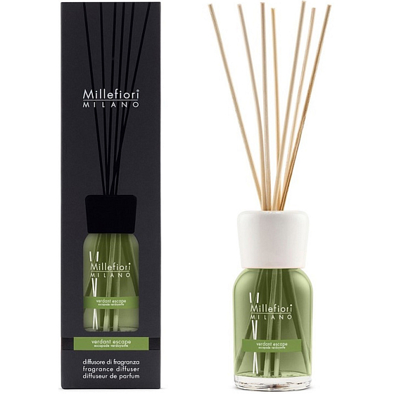 Millefiori Natural Verdant Escape - Green Escape Diffuser 250 ml + 8 reeds, 30 cm long, for smaller spaces lasts 90 days