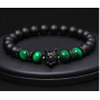 Lava black + Tiger eye green + Wolf head bracelet elastic natural stone, ball 8 mm / 21 cm