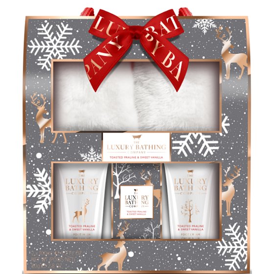 Grace Cole Toasted Praline & Sweet Vanilla slippers 1 pair + foot cleansing gel 100 ml + foot cream 100 ml + bath salt 80 g, cosmetic set for women
