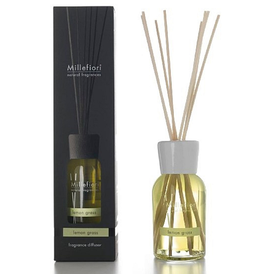 Millefiori Milano Natural Lemon Grass - Lemongrass Diffuser 500 ml + 12 stalks 35 cm long for large spaces lasts 6-7 months